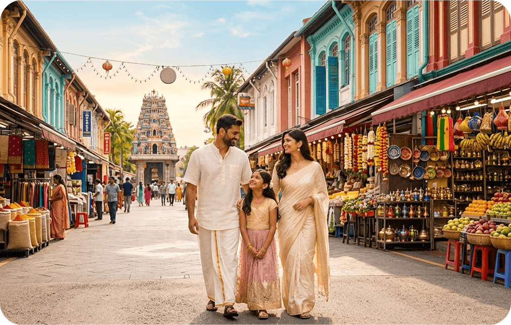 Family exploring a temple street market