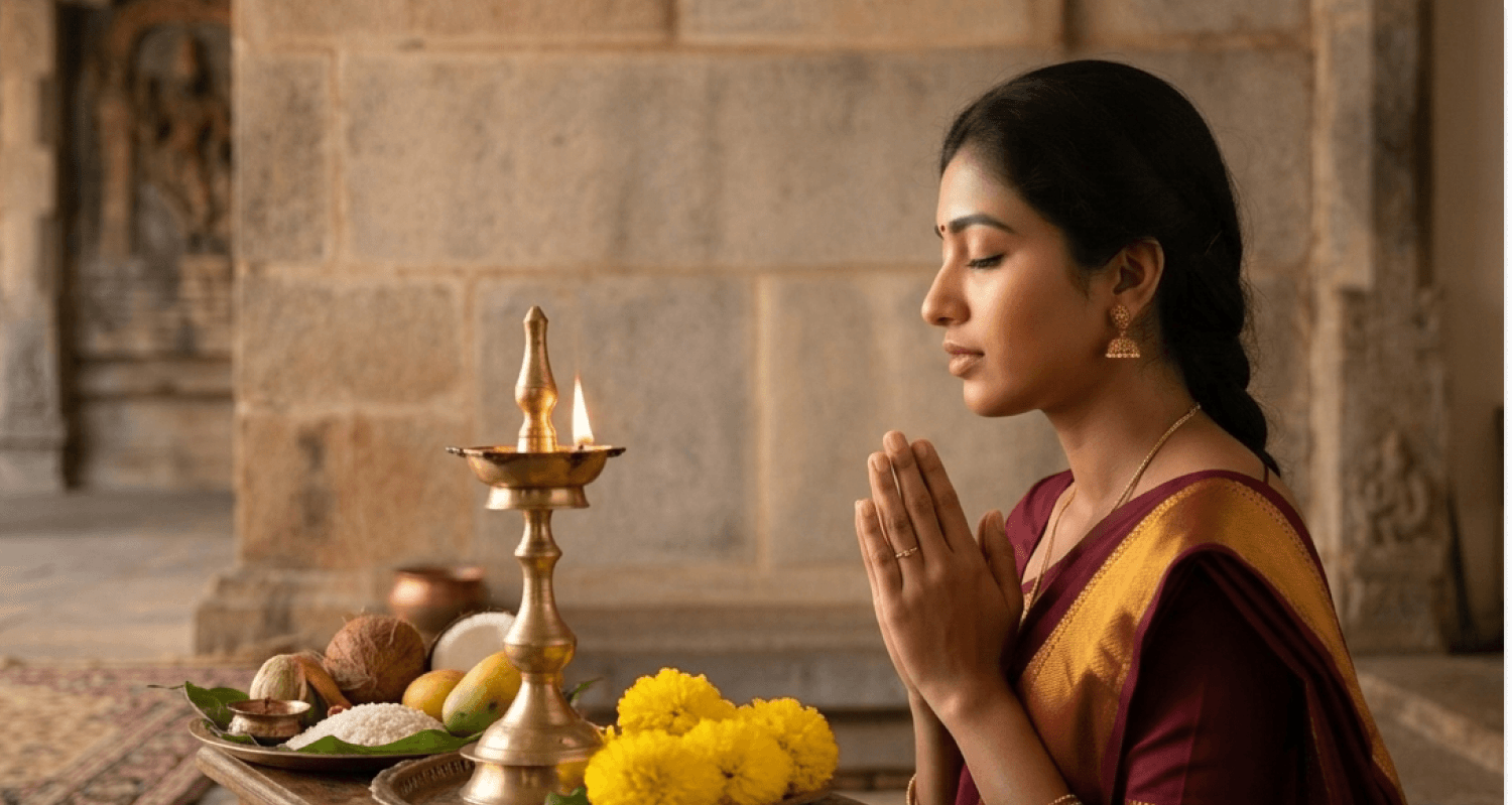 Devotee with oil lamp at a temple